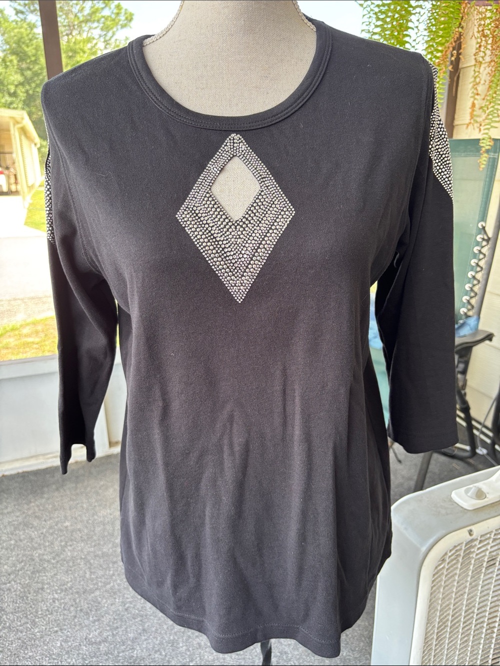 Women's Black Jewel-Accent Cutout Crewneck Top with Jewel-Accent Cutout Sleeves